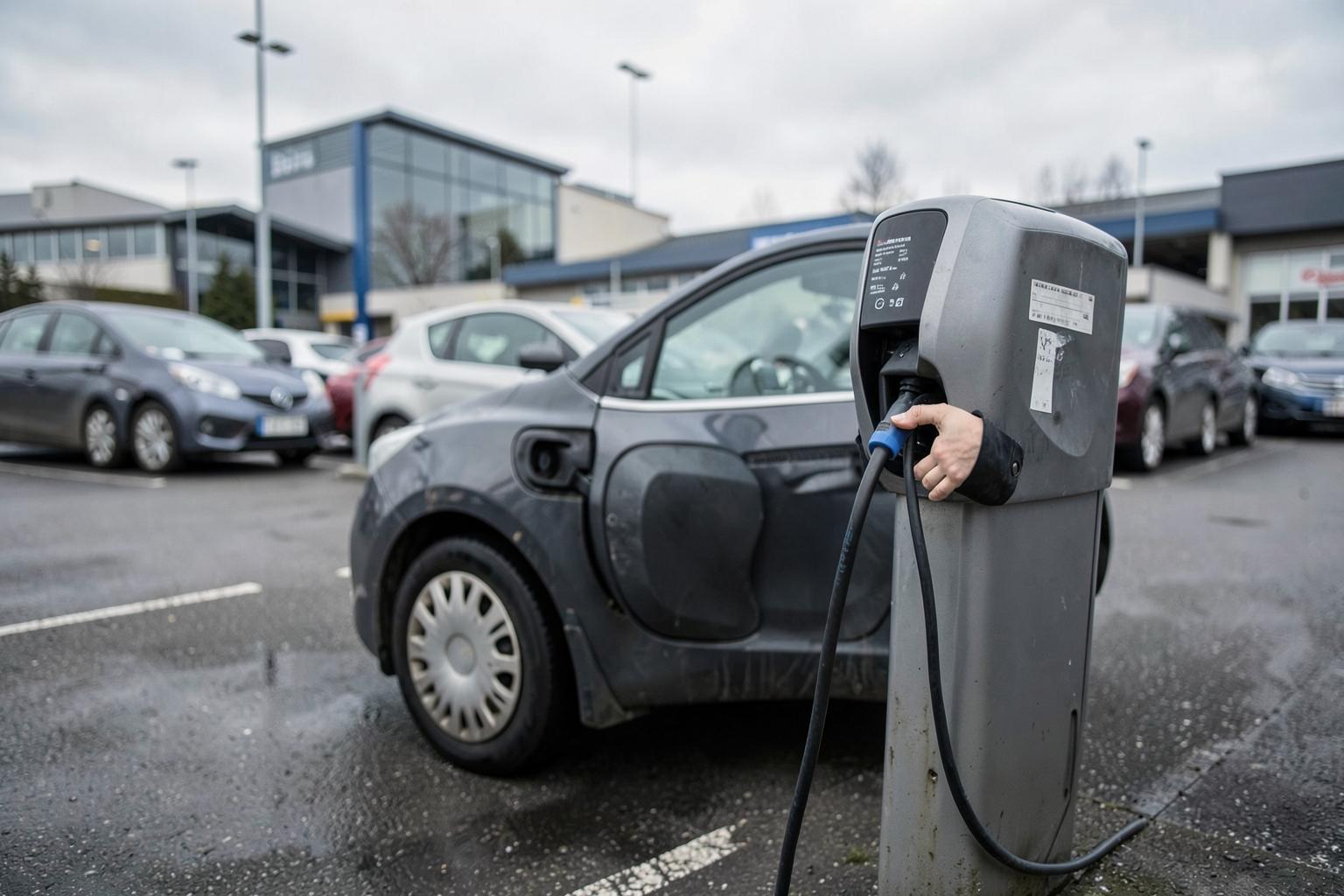Tavallinen sähköauto kiinni julkisessa latauspisteessä pysäköintialueella