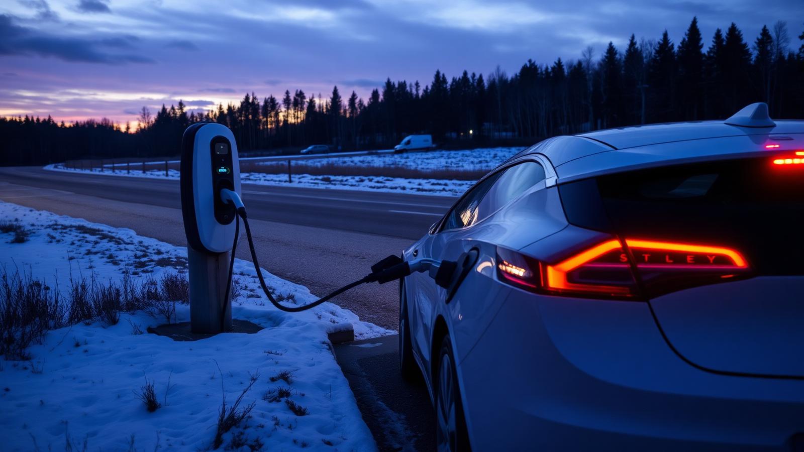 Sähköauto latauksessa maantien varressa hämärässä